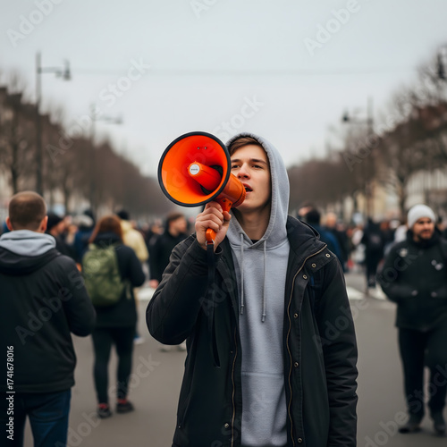 Wallpaper Mural A young male in his teens or early 20s wears a hoodie and a jacket while speaking through an orange megaphone during an outdoor protest Generative AI. Torontodigital.ca