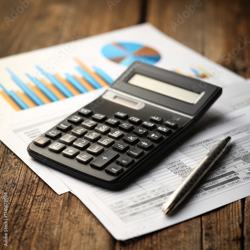Calculator and pen rest on financial documents with charts and graphs on a wooden desk