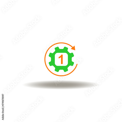 Vector illustration of cog wheel with number one and round arrow. Symbol of first things first.