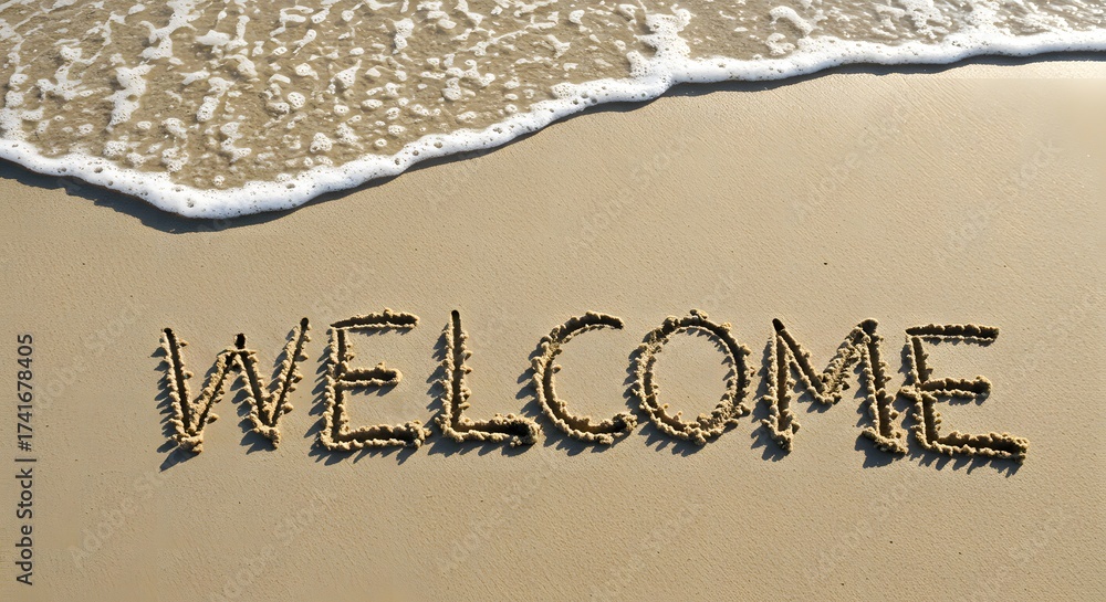 Fototapeta premium Welcome text written on sandy beach with sea wave