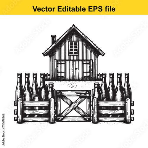 Vector art of wooden barn with fence and beer bottles