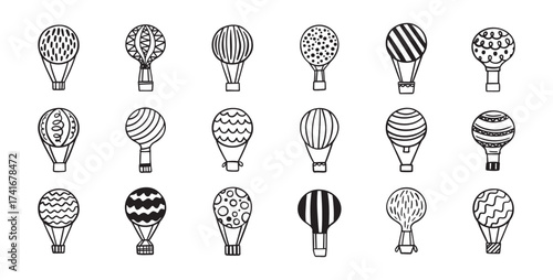 Hot air balloon doodle set. Hand drawn Hot air balloons line vector illustration