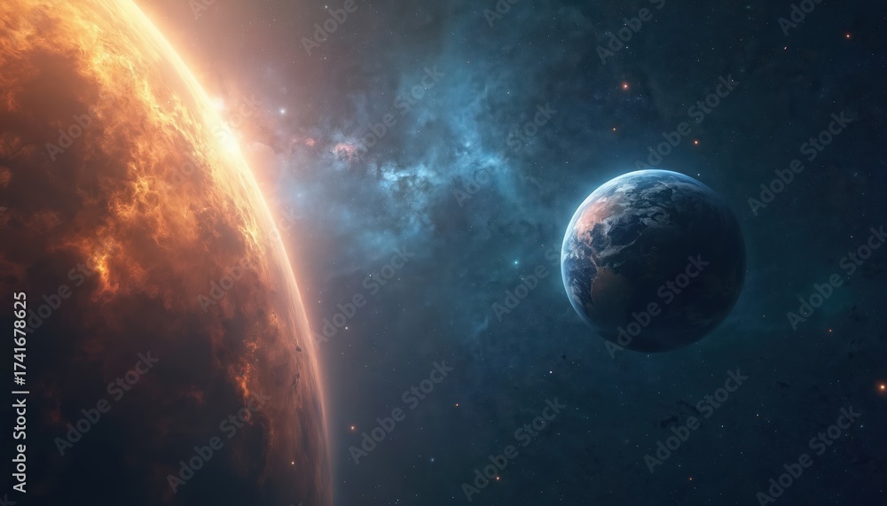 Obraz premium Cosmic scene with planets Earth and fiery giant orb. Nebula and stars fill dark deep space. Science fiction fantasy art. Future exploration.