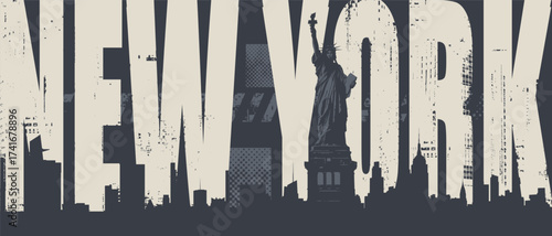 Vector banner with New York lettering, Statue of Liberty, cityscape and skyscrapers. USA illustration in grunge style. T-shirt design, tourist signboard, tourist postcard. Not AI.