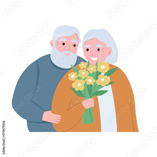 An elderly happy couple in love. The husband gave his wife a bouquet. Grandmother and grandfather together. Vector flat graphics.