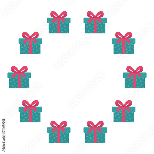 Round frame with gift boxes. Festive design. Isolated background. Flat style vector illustration