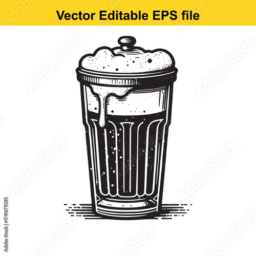 Vector art of tall glass of beer with frothy head and drips