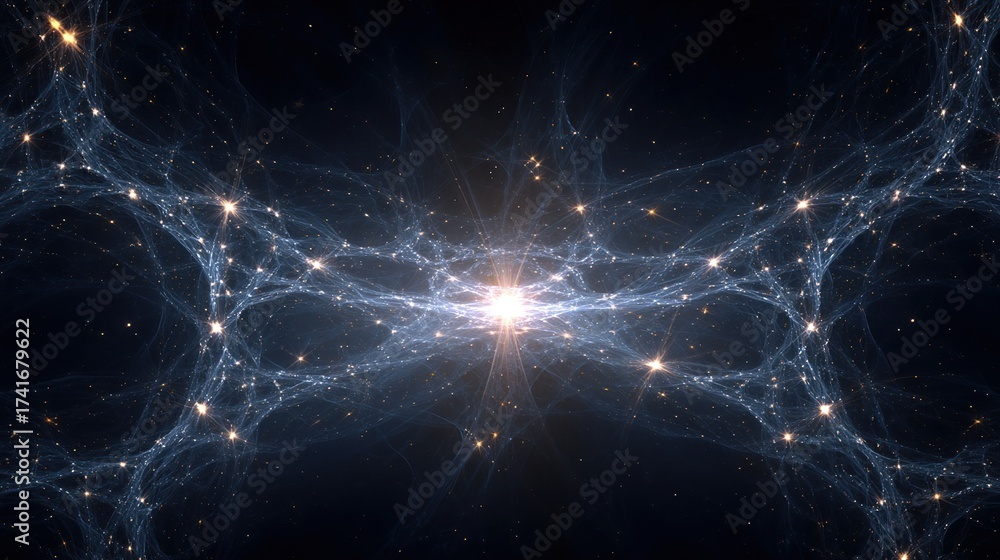 Naklejka premium A symmetrical, ethereal fractal pattern with glowing nodes and luminous web-like strands against darkness