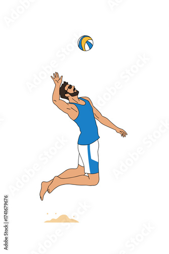 Man jumping to serve volleyball on sand beach in summer  