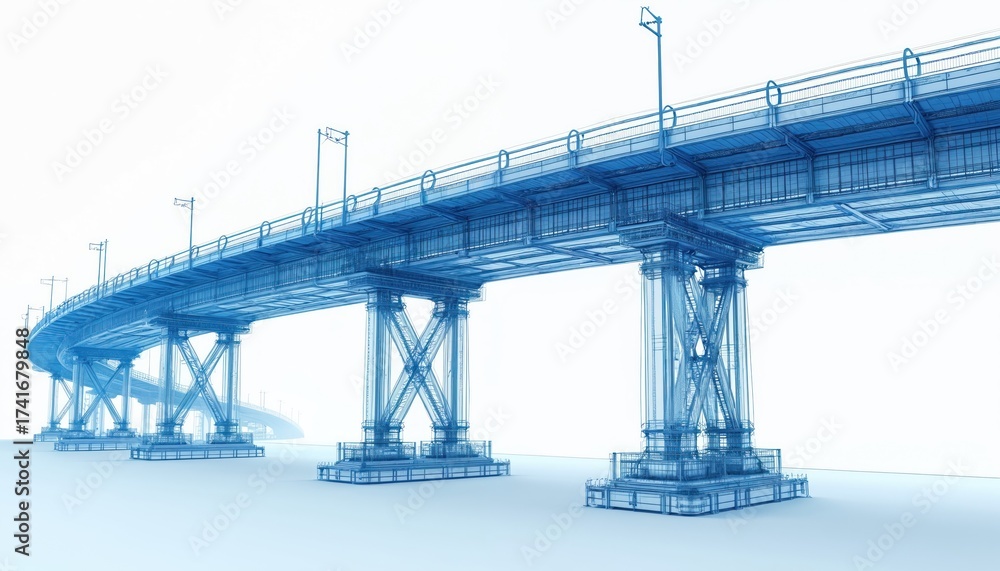 Fototapeta premium Blue wireframe blueprint shows modern highway bridge structure. Digital illustration highlights skeletal supports, road deck, detailed design. Tech drawing represents civil engineering, urban
