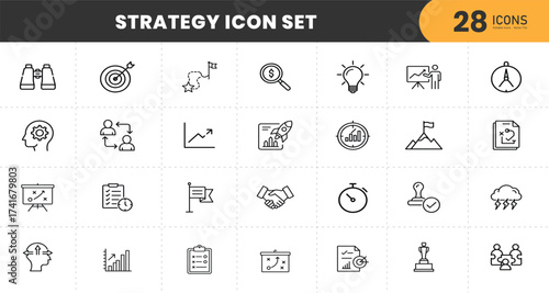  Strategy Icon Set – 28 Thin Line Business Planning Icons Including Goal, Target, Growth, Leadership, Teamwork, Idea, Analysis, and Success Symbols with transparent Background.