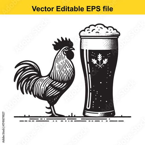 Vector art of rooster standing next to a glass of beer