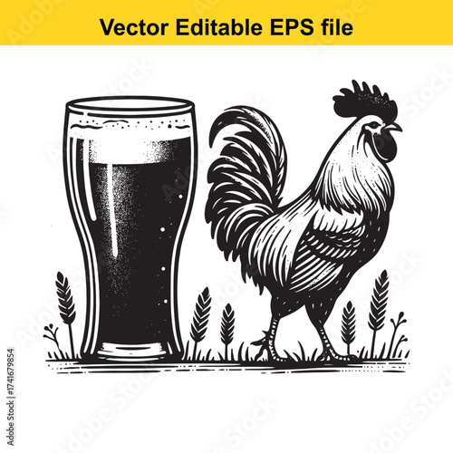 Vector art of glass of beer with a rooster standing beside it