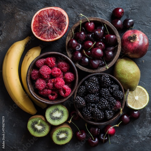 Assortment of fresh ripe berries and tropical fruits in rustic bowls on a dark textured surface