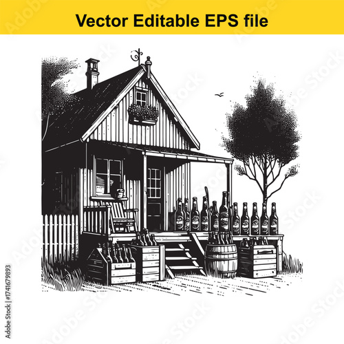 Vector art of rustic cabin with bottles of beer and a barrel on the porch