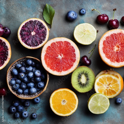 Vibrant assortment of fresh citrus fruits and berries arranged on a textured surface