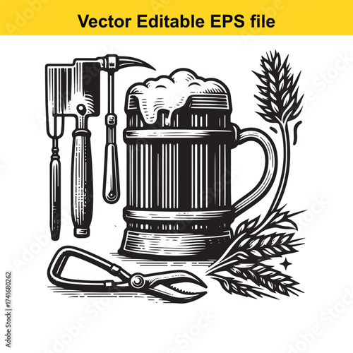 Vector art of brewing equipment with a frothy beer mug and wheat