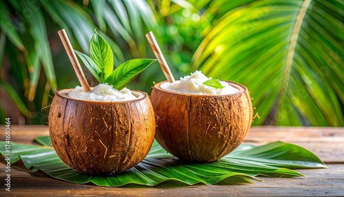 Thai Coconut Smoothie served in coconut shell with straw
