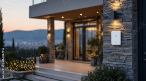 Wallpaper Mural Minimalist outdoor security system mounted on stone-clad wall, focusing on elegant home entry with recessed lighting Torontodigital.ca