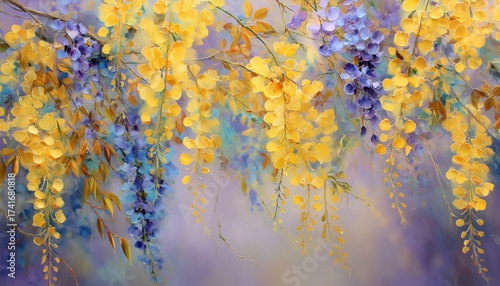 Spring Yellow Flowers Wisteria: Abstract Watercolor Painting Of Soft Yellow And Blue Blooms. Open Space For Your Imagination And Creativity.