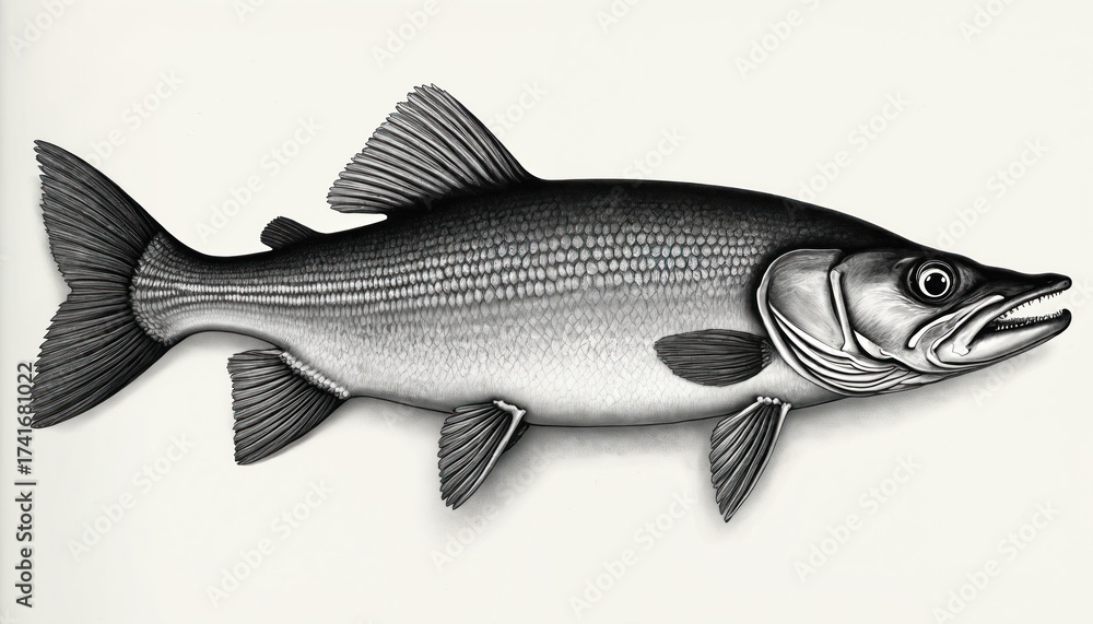 Obraz premium Illustration of a fierce northern pike fish with detailed scales and fins. This aquatic predator features sharp teeth and a predatory gaze, perfect for wildlife or fishing content.