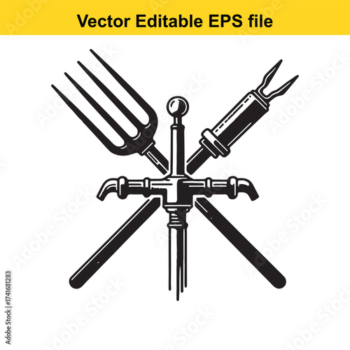 Vector art of crossed fork, pipe fitting, and tool