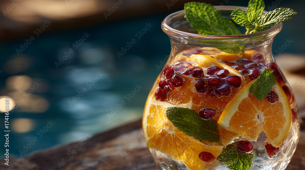 Fototapeta premium Close-up of glass bottle infused with orange slices, mint, and pomegranate seeds, radiant colors glowing through the crystal-clear water