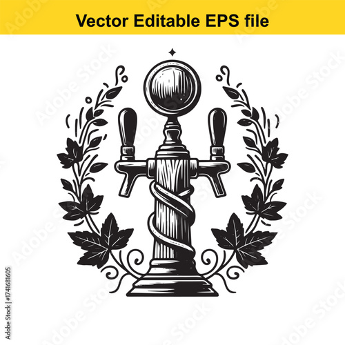 Vector art of beer tap with ornate leaves and vines