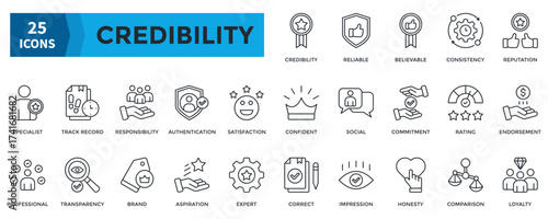 Credibility icon set. Containing  reliable, believable, consistency, reputation, track record, professional, loyalty icon. Outline style