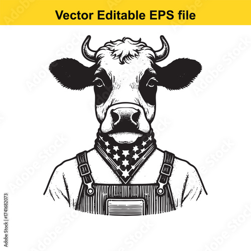 Vector art of black and white illustration of a cow wearing overalls and bandana