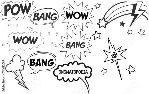 Comic boom cartoon effect line element set. Comic speech bubble pow, boom text, explosive splash smoke, wow cartoon vector icon. Hand drawn sketch doodle explosive element. Vector illustration