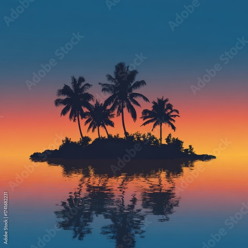 Silhouette of a small tropical island with palm trees reflected in calm ocean water at sunset