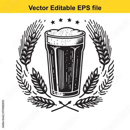 Vector art of vector illustration of a glass of beer with wheat ears