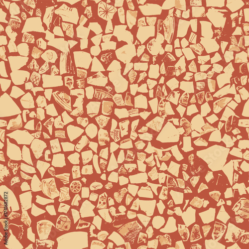 vector seamless pattern background or texture wall with fragments of ancient clay and porcelain plates, cups, amphoras. Suitable for decorating fabric, wrapping paper, wallpaper. No AI used