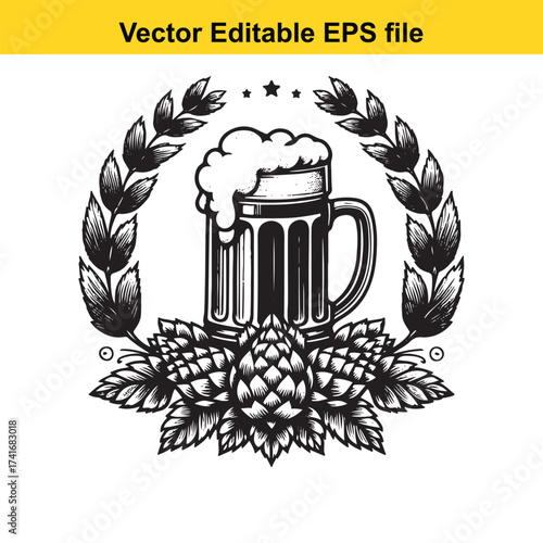 Vector art of vector illustration of a beer mug with hops