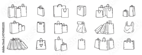 Shopping bags icons doodle hand drawn set. Paper shopping bags drawing line outline vector black Set 