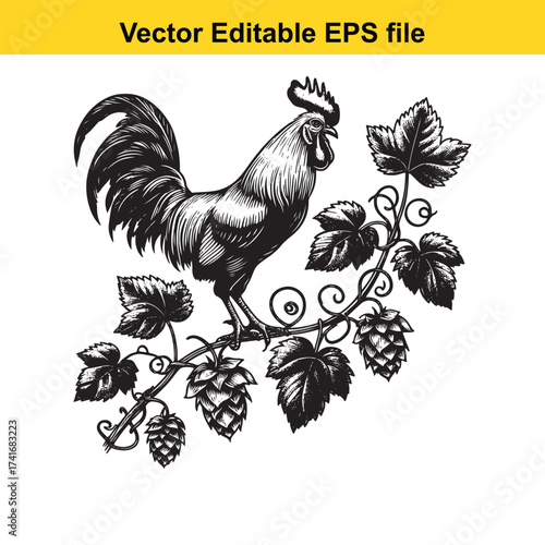 Vector art of rooster perched on a hop vine