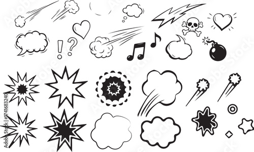 Hand drawn set of comics bombs and explosions. Speech bubbles with words pow, wow, bang and boom. Vector doodle illustration