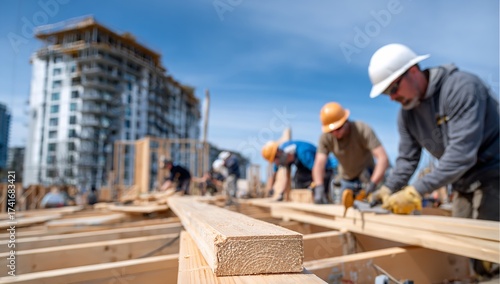 Skilled construction crew diligently framing a modern building project under a clear blue sky showcasing teamwork and industry