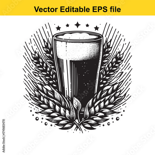 Vector art of glass of beer surrounded by barley stalks