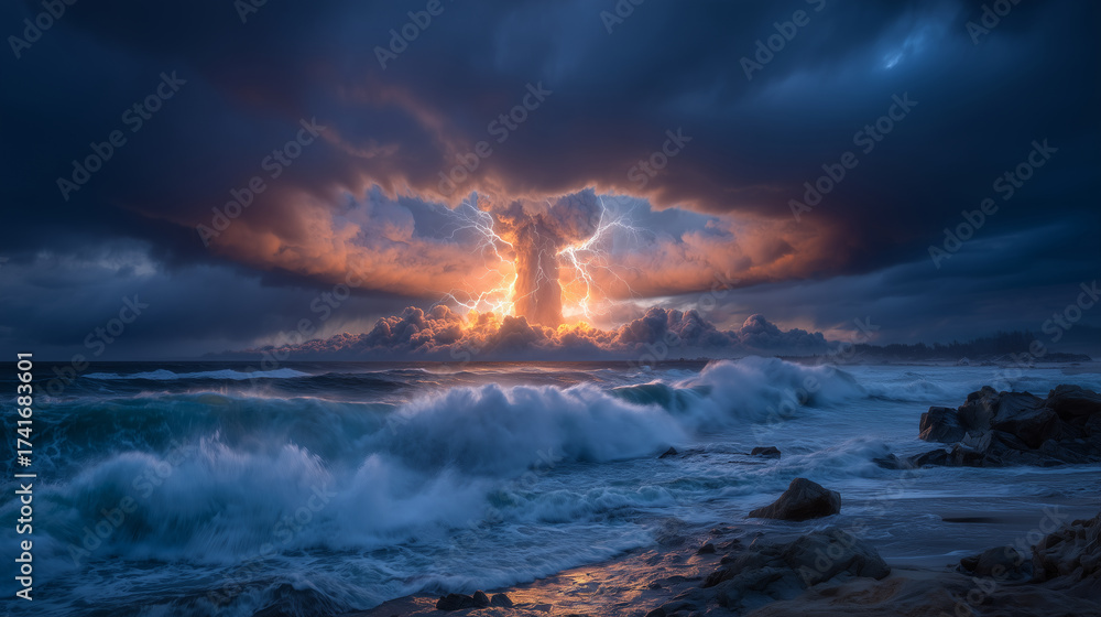 Naklejka premium Dynamic composition of mushroom cloud over water, fiery glow breaking through dark clouds, turbulent ocean foreground adding dramatic tension