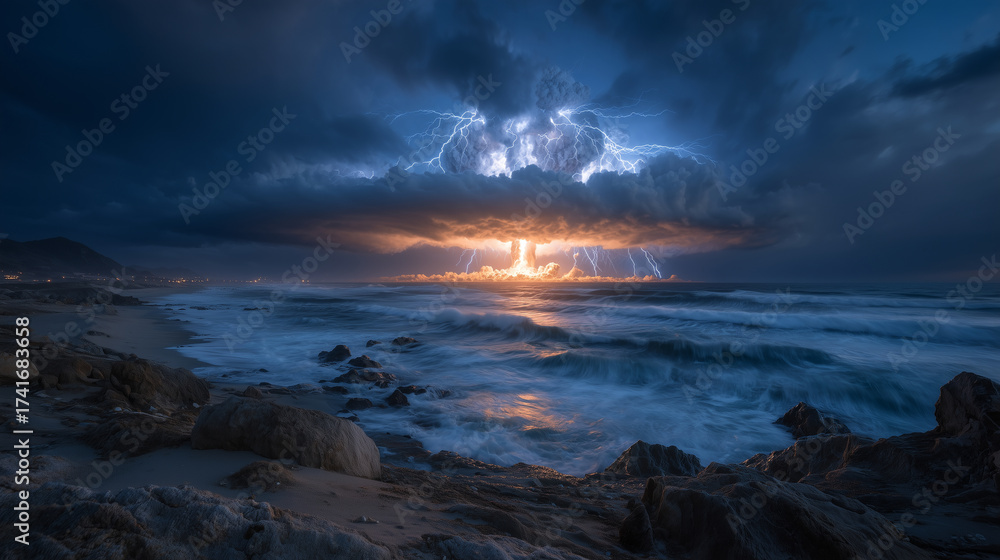 Fototapeta premium Dynamic composition of mushroom cloud over water, fiery glow breaking through dark clouds, turbulent ocean foreground adding dramatic tension