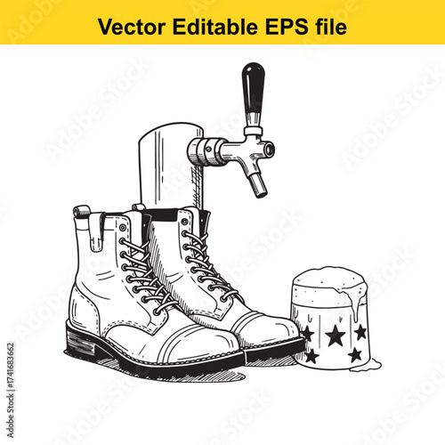 Vector art of work boots and beer tap with frothy mug isolated on white