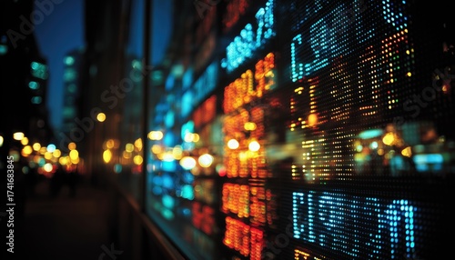 Wallpaper Mural City Lights Reflecting On Glass Showcase Stock Market Quotes. A Stunning Display Of Financial Data Against A Backdrop Of Urban Scenery. Torontodigital.ca