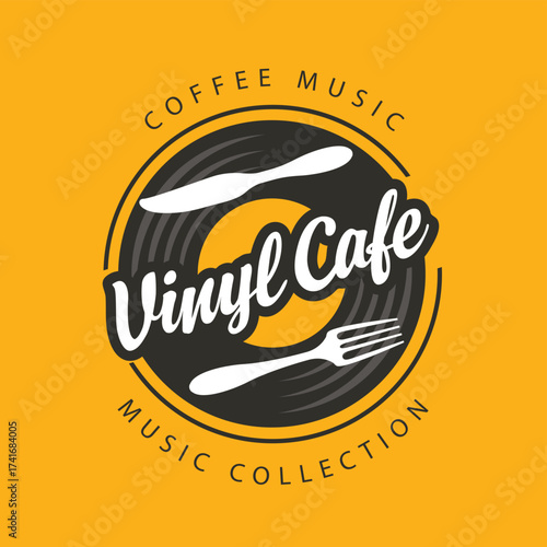 Vector banner for vinyl record store or menu for retro music restaurant, cafe with fork and knife, old vinyl record, record player and lettering on yellow plaid background in vintage style. No ai