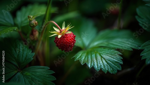 High-Quality Photo Of Wild Strawberry In Forest With Selective Focus Captured Beautifully In Nature. Exquisite Close-Up Shot Of Wild Berry.