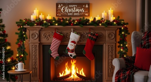 Festive christmas fireplace scene with stockings garland and a cozy armchair in a warm setting