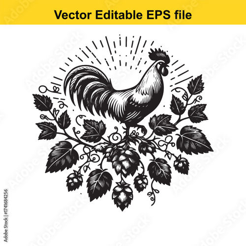 Vector art of rooster and hops emblem