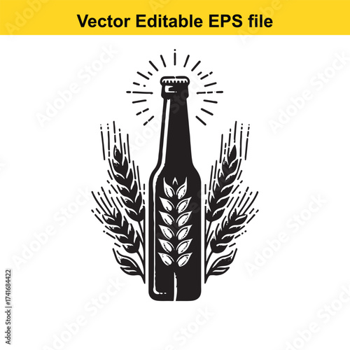 Vector art of beer bottle with wheat ears and sunburst