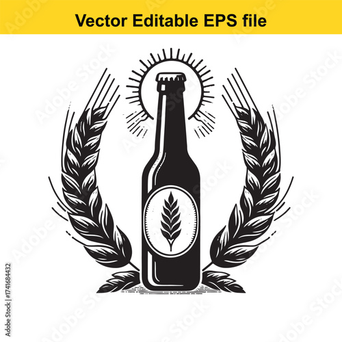Vector art of beer bottle with wheat ears and sun emblem
